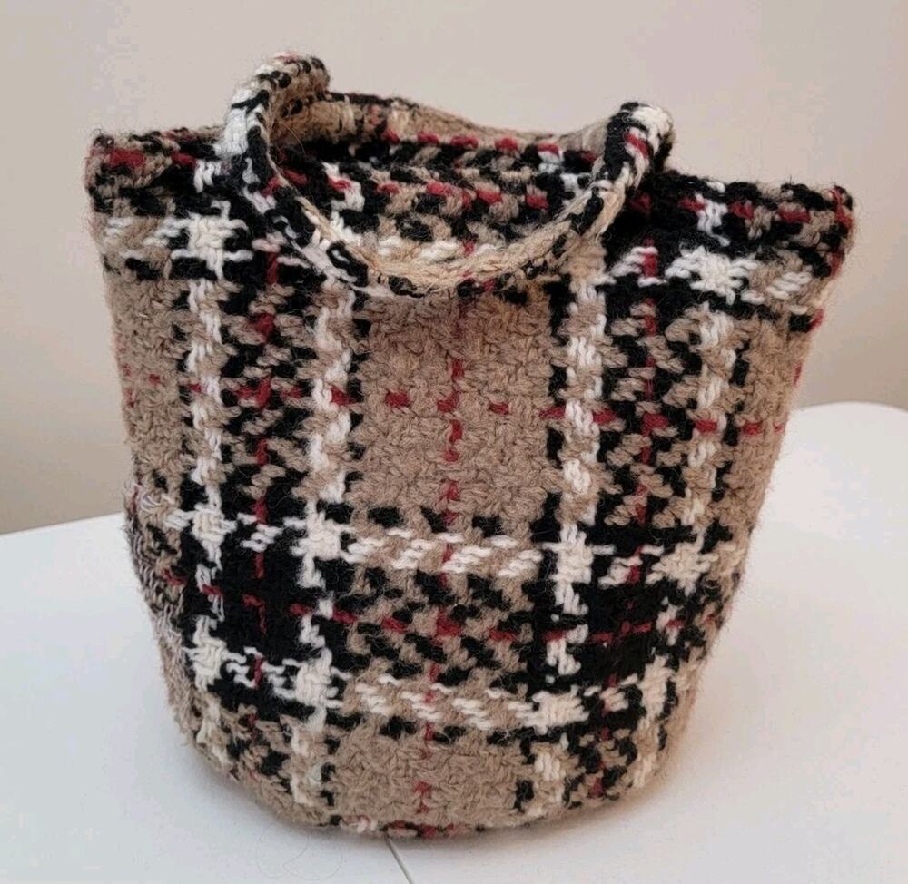 Branigan Weavers Ireland Woven Wool Tote Tan Black Red White Tartan Plaid Bag